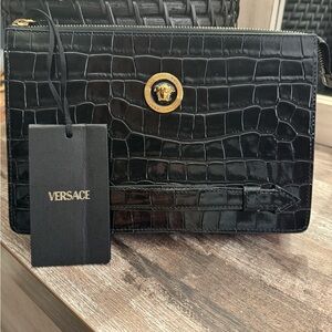 NWT Authentic Versace Black Croc Calf leather Pouch